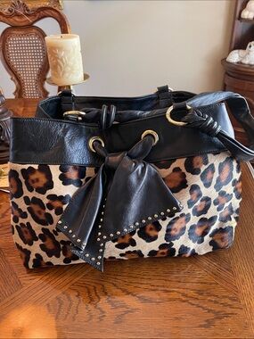 Paolo Masi Leopard Print Tote with Black Trim and Studded Bow